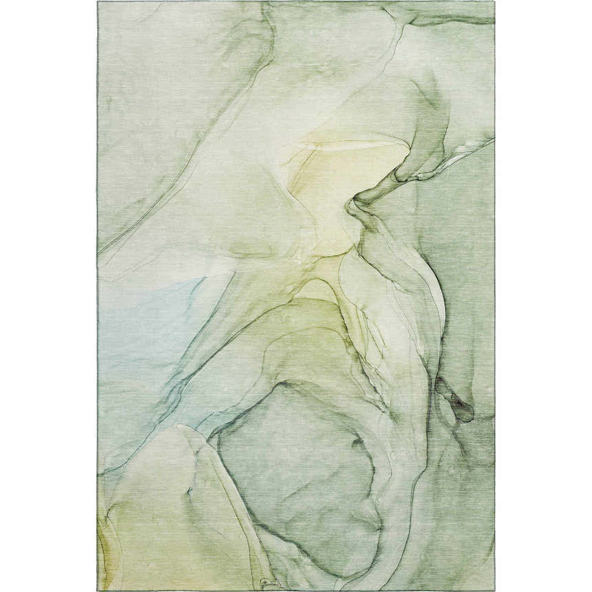 Dalyn Luxury Odyssey OY1 Aloe rug with abstract watercolor design in aloe, green, and sky blue. Washable, non-skid rug.