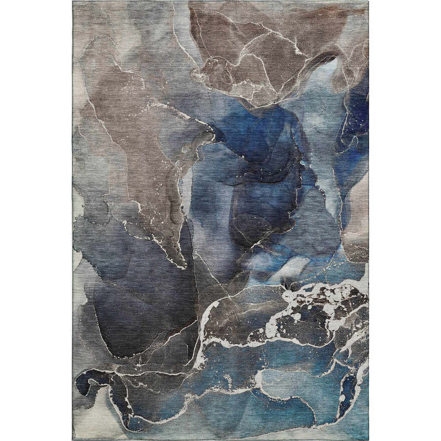Dalyn Luxury Odyssey OY3 Blue Washable Area Rug with a watercolor-inspired design in shades of blue, brown, and ivory.
