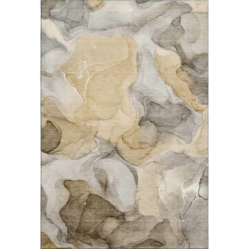 Close-up of the Dalyn Luxury Indoor/Outdoor Odyssey OY4 Taupe Washable Area Rug with beige, brown, and gray abstract pattern.