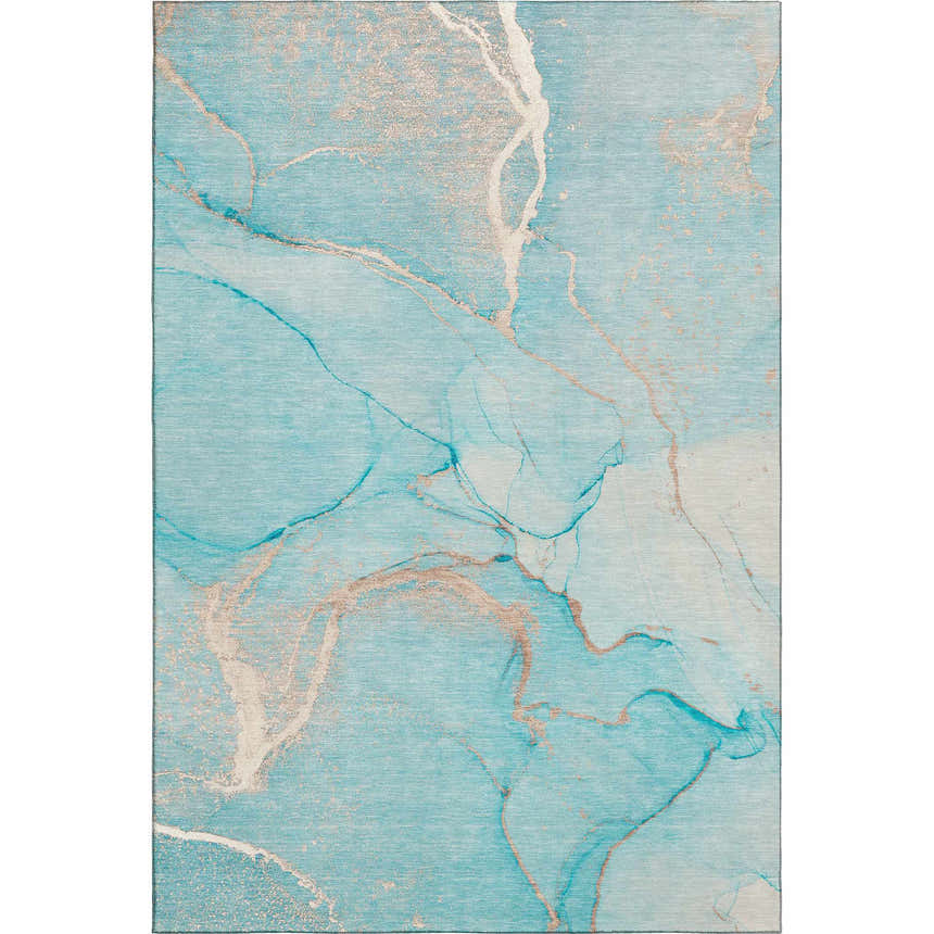 Dalyn Luxury Odyssey OY7 Teal rug with beige, ivory, and chestnut marble design. Washable, non-skid polyester rug.