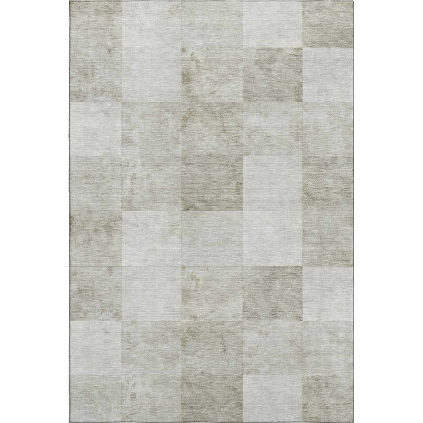 Beige and ivory checkered design on Dalyn Pacifica PA10 washable area rug. Farmhouse style, machine-made.