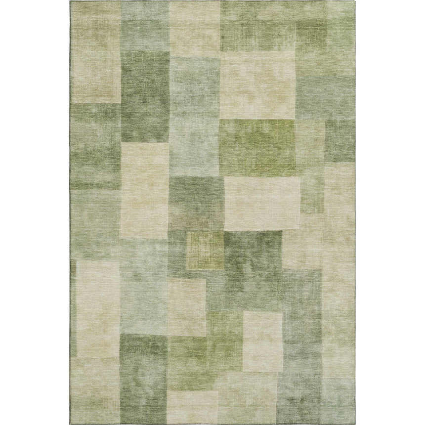 Dalyn Pacifica PA12 Aloe rug featuring a patchwork design in shades of aloe, beige, green, and ivory.