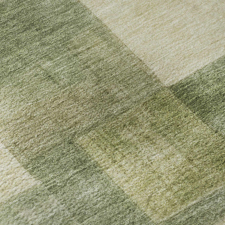 Close-up of Dalyn Pacifica PA12 Aloe Washable Area Rug. Green and beige tones in a textured, farmhouse style.