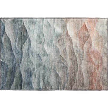 Dalyn Pacifica PA2 Teal rug with abstract wave design in teal, caramel, and gray. Machine-washable, indoor/outdoor rug.