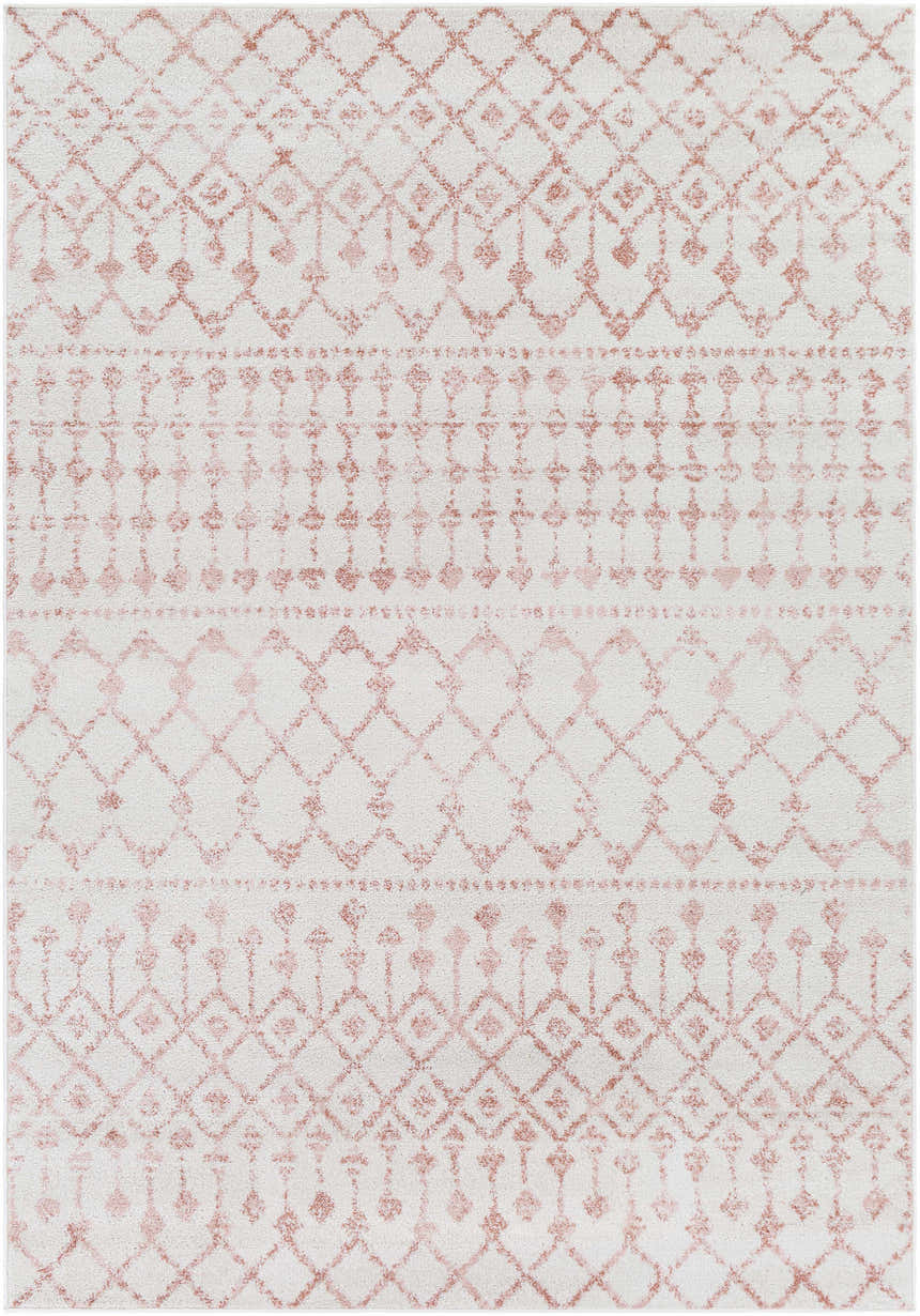 Close-up of Pando Area Rug. Cream rug with light pink, rose bohemian pattern. Polypropylene rug with soft texture. Design-Rectangle-5373