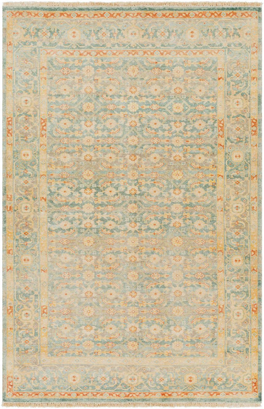 Detailed Papakura Area Rug close-up. Hand-knotted wool rug in brick red, gray, mustard, and seafoam with traditional oriental pattern. Design-Rectangle-69