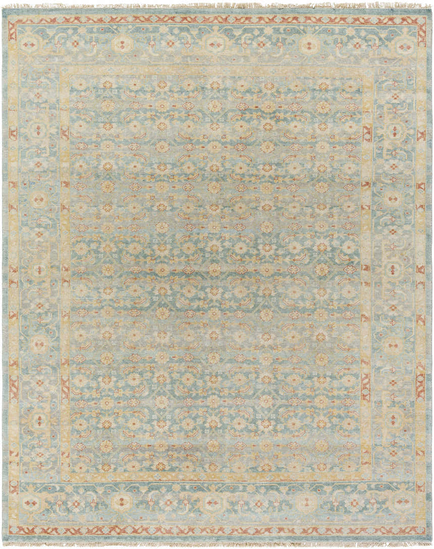 Detailed view of the hand-knotted Papakura Area Rug in brick red, gray, mustard, and seafoam. Oriental rug with floral pattern. Design-Rectangle-810
