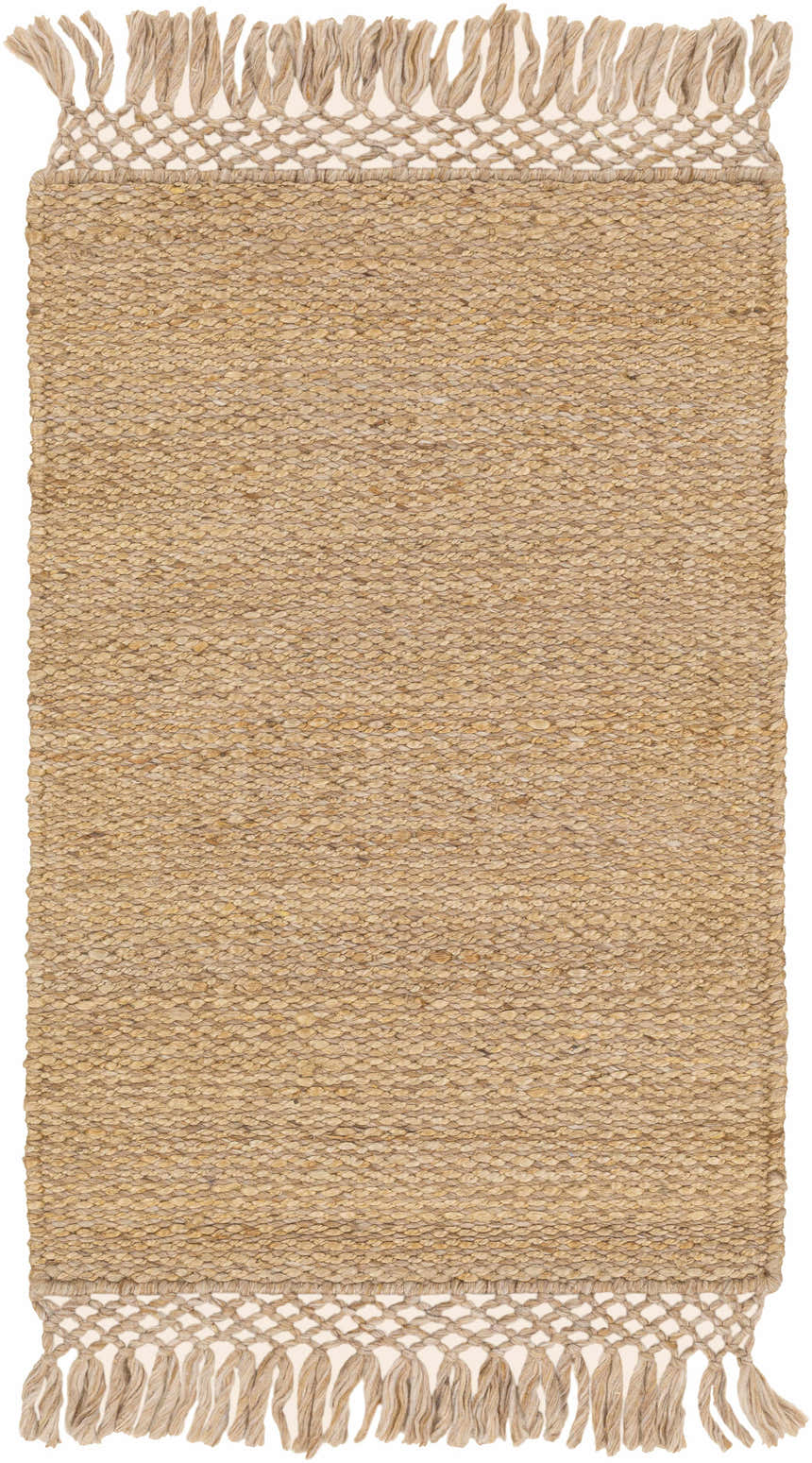 Close-up of the hand woven Partoun Area Rug. Tan and medium brown jute rug with fringe detail. Design-Rectangle-23