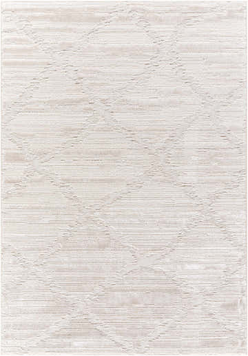 Close-up of the Akilah Area Rug. Cream, ivory, light gray, and white tones with a subtle geometric pattern. Design-Rectangle-537