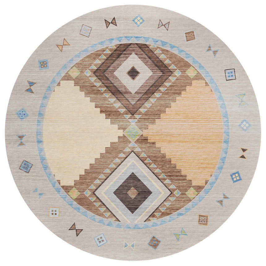 Round Dalyn Phoenix PH2 Taupe Washable Area Rug with Southwestern diamond pattern in brown, beige, and blue hues.