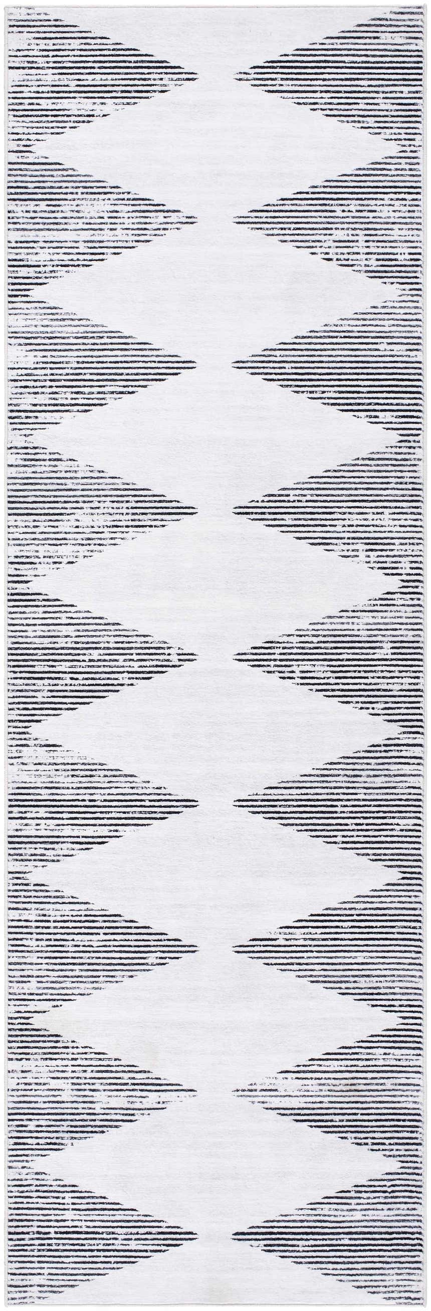 Close-up of the Prema Washable Area Rug in Ivory and Old Lavender with a linear geometric pattern. Design-Runner-268