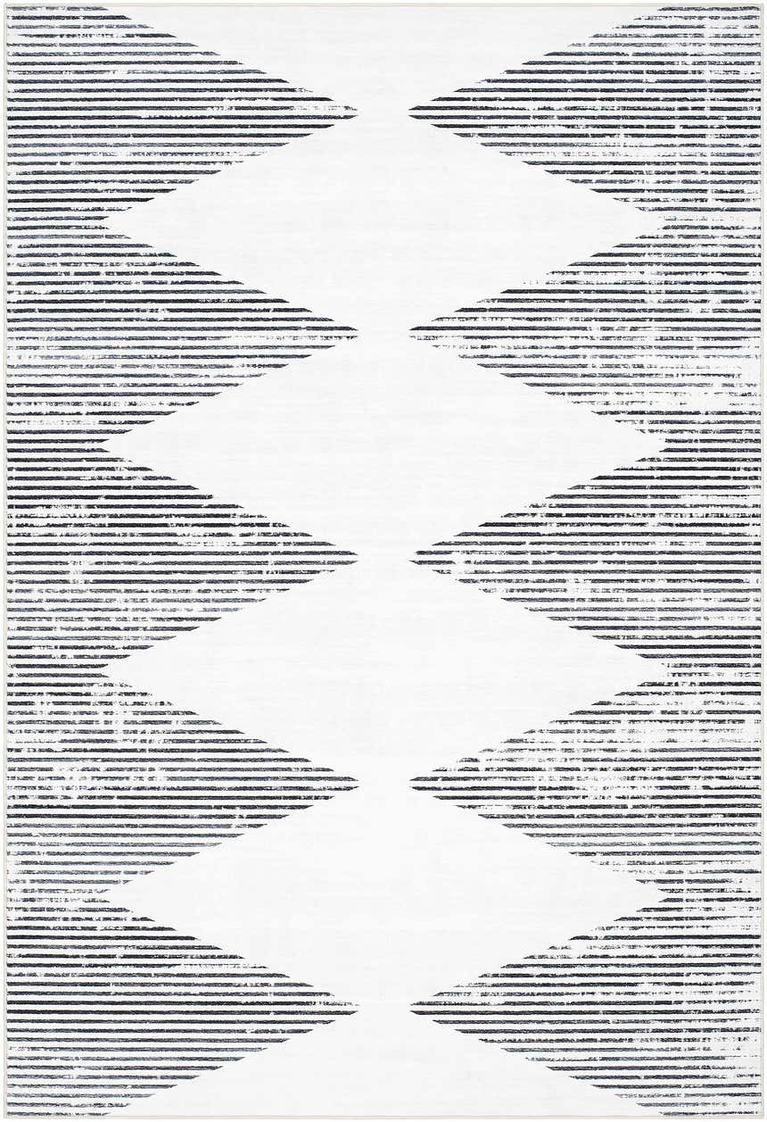 Close-up of Prema Washable Area Rug in ivory and old lavender. Features a modern geometric stripe pattern. Design-Rectangle-576