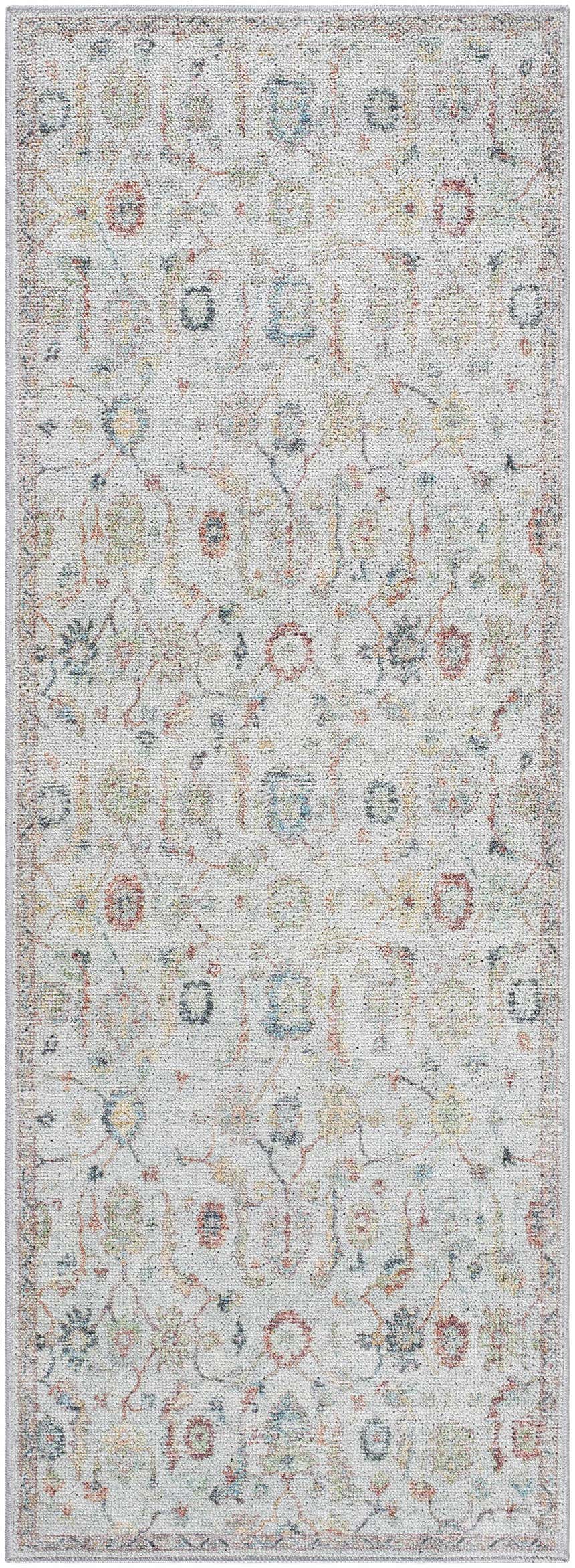 Close-up of the Piera Washable Area Rug. Ash, light gray, silver, and sterling grey farmhouse-style design. Design-Runner-2773