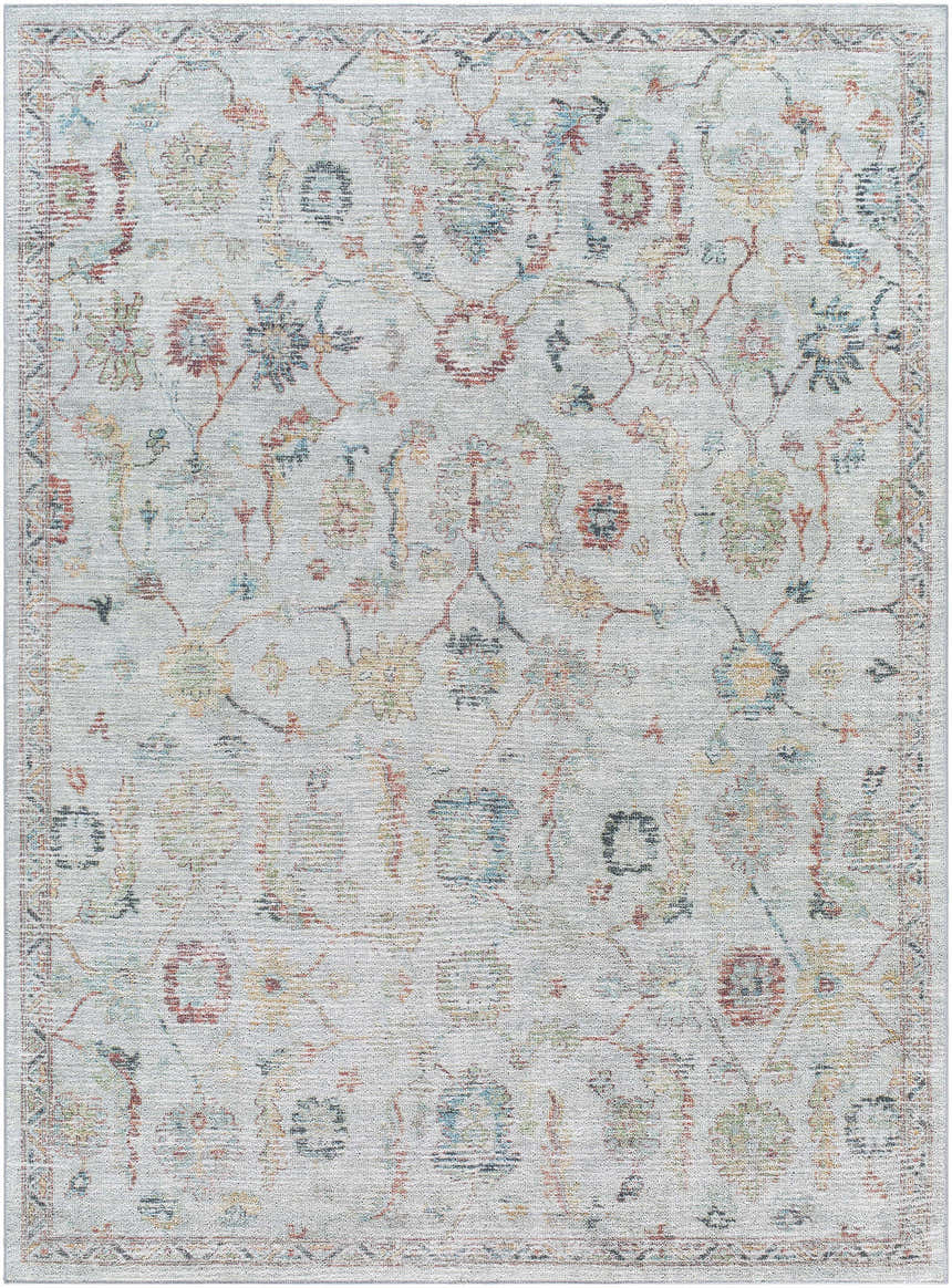 Close-up of Piera Washable Area Rug in ash, light gray, silver. Farmhouse style with traditional floral pattern. Design-Rectangle-710106