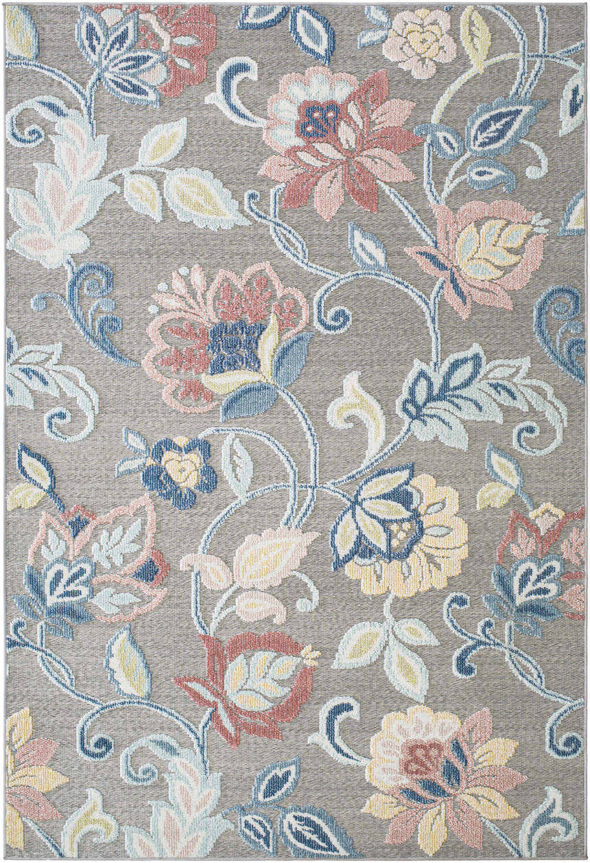 Close-up of Piers Gray Area Rug featuring a floral pattern with blue, cream, rust, and tan accents on a gray background. Design-Rectangle-537