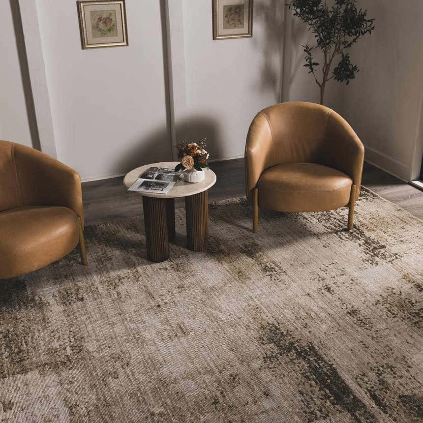 Sitting room with camel chairs and Galey Alix x Livabliss Myrtle Avenue III rug in cream, camel, and brown marble abstract design. Roomscene-Rectangle