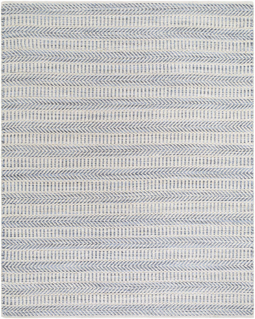 Close-up of the hand-woven Pontian Area Rug. Beige jute rug with a blue and black horizontal herringbone pattern. Design-Rectangle-810