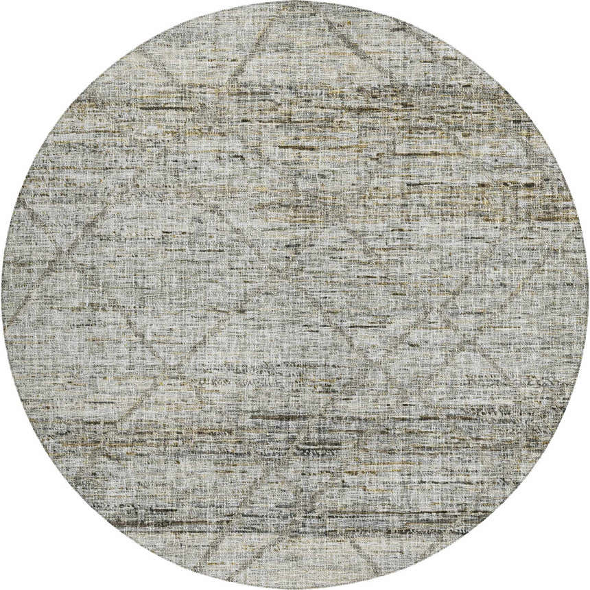 Close-up of Dalyn Luxury Portico PO1 Pewter Washable Area Rug. Round rug with gold, gray, and taupe farmhouse design.