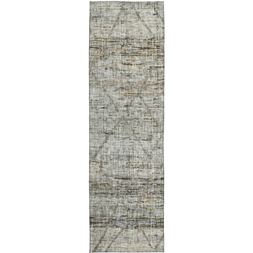 Close-up of the Dalyn Luxury Portico PO1 Pewter Washable Area Rug runner. Features gold, gray, peach, and taupe tones.