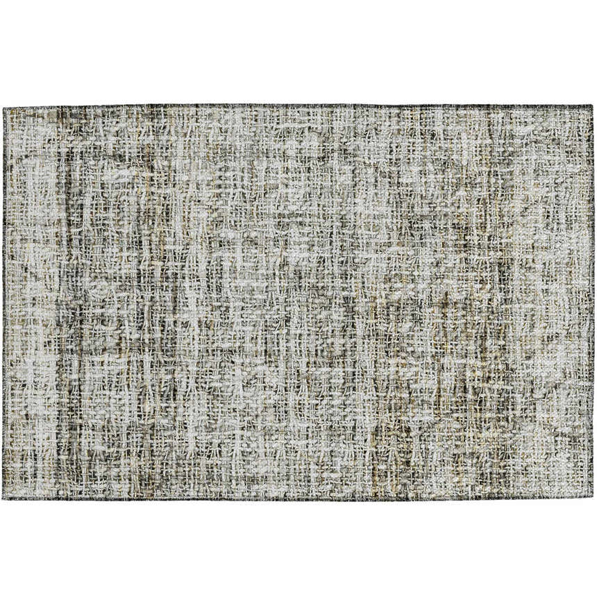 Close-up of the Dalyn Luxury Portico PO1 Pewter Washable Area Rug, showcasing its woven texture and gray, gold, and taupe color palette.