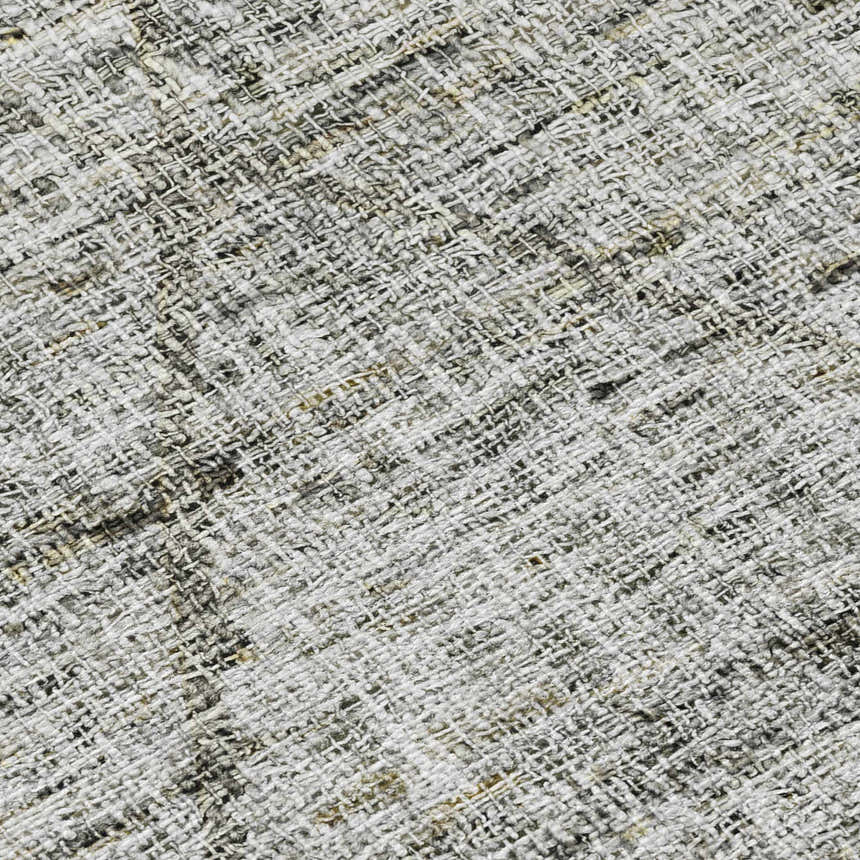 Close-up of Dalyn Luxury Portico PO1 Pewter Washable Area Rug showing texture and colors: gray, taupe, gold, and peach.