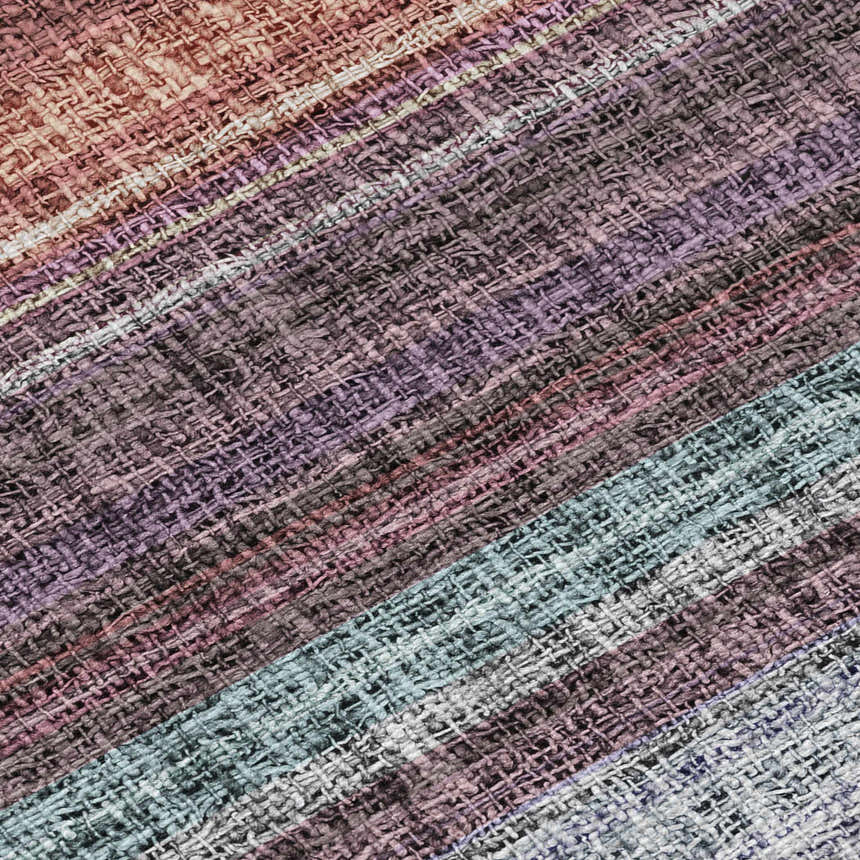 Close-up of the Dalyn Luxury Portico Lavender Washable Area Rug. Features woven texture and stripes of purple, blue, and burnt hues.
