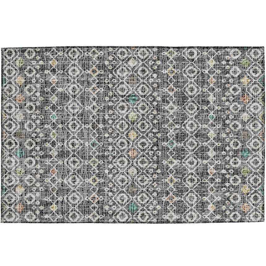Detailed texture of Dalyn Luxury Portico PO4 Gray Washable Area Rug with geometric pattern and subtle gold, green, and brown accents.