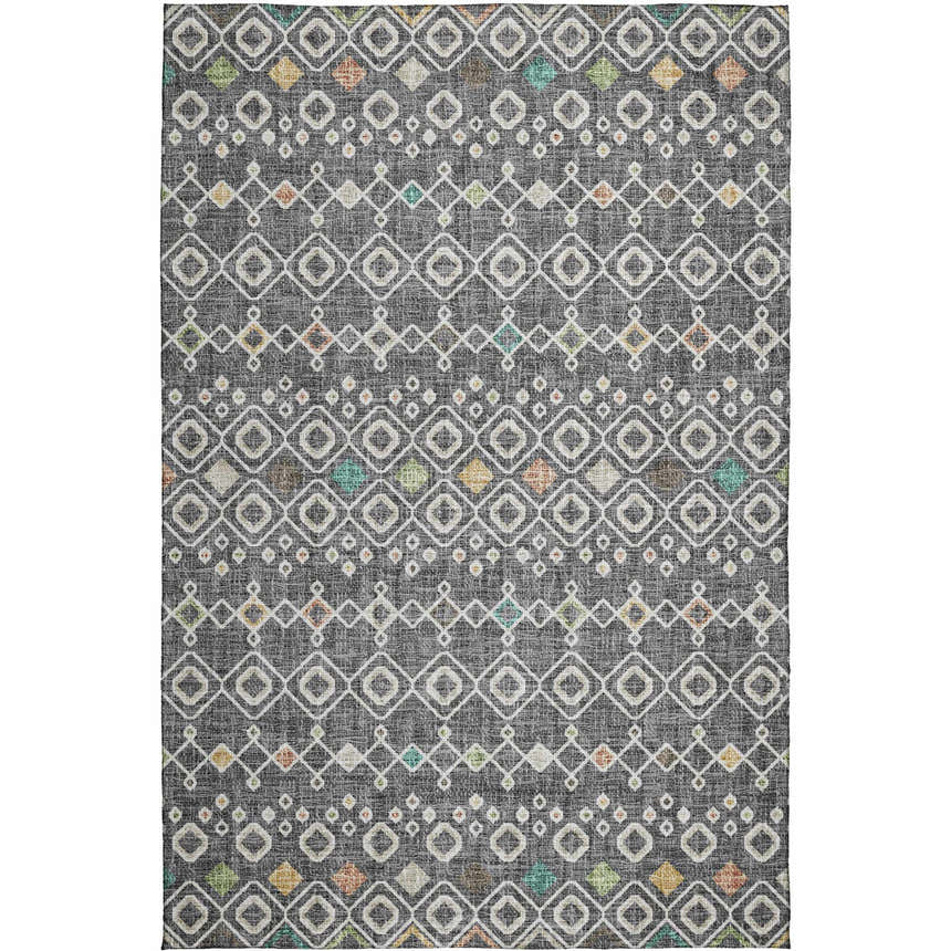 Close-up of Dalyn Luxury Portico PO4 Gray Washable Area Rug. Farmhouse style rug with geometric diamond pattern in gray, gold, and green.