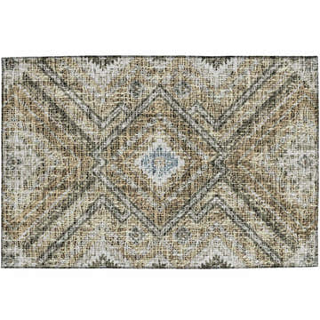 Close-up of the Dalyn Luxury Portico PO5 Beige Washable Area Rug. Farmhouse style with beige, brown, and ivory diamond pattern.
