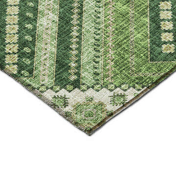 Close-up of the Dalyn Luxury Portico PO5 Green Washable Area Rug featuring aloe, beige, and green farmhouse stripes.