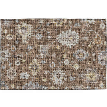 Close-up of the Dalyn Luxury Indoor/Outdoor Portico PO6 Chocolate Washable Area Rug. Brown, beige, and gold floral pattern.