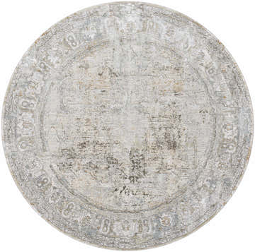 Round Pryce Sage rug with traditional floral pattern in charcoal, cream, light brown, light gray, and medium brown. Design-Round-67