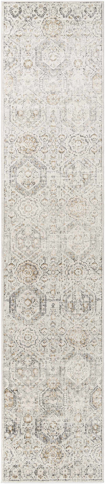 Close-up of the Parkerfield Area Rug, showcasing its beige, black, and gray vintage-inspired design and machine-woven texture. Design-Runner-2712