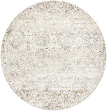 Close-up of the round Parkerfield Area Rug. Beige, black, and gray vintage-style rug with a geometric and floral pattern. Design-Round-710