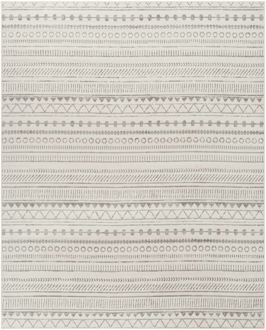 Close-up of the Parmelia Area Rug: Off-white rug with charcoal, light, and medium gray bohemian-style geometric patterns. Design-Rectangle-71010