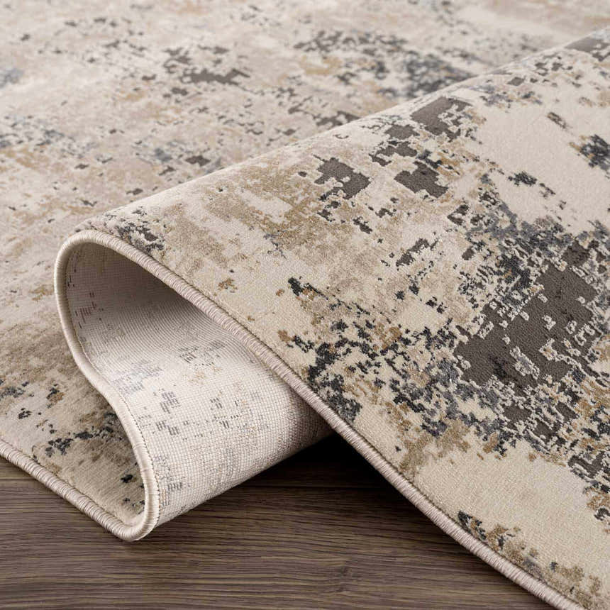 Close-up of the Pewamo Area Rug showing its beige, tan, charcoal, and black contemporary design. Fold