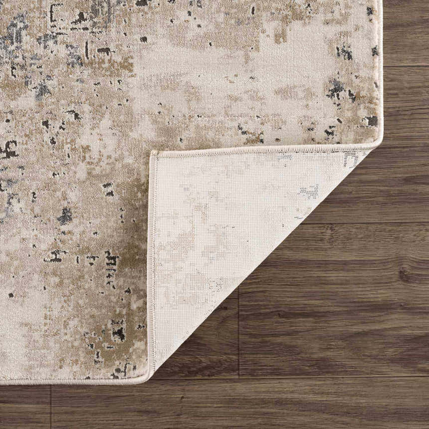 Close-up of the Pewamo Area Rug showing its beige, tan, charcoal, and black contemporary design and texture. Fold
