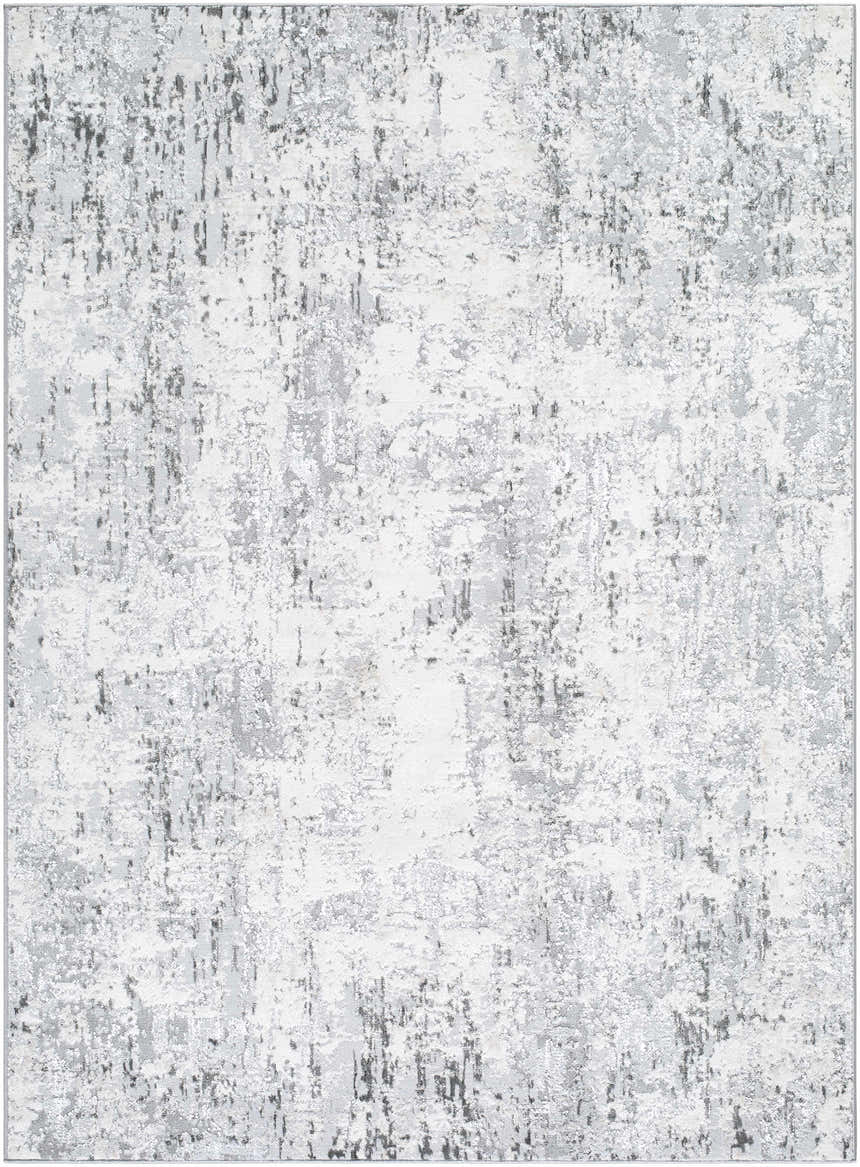 Close-up of the Avital Area Rug featuring a contemporary abstract design in shades of gray, charcoal, and white. Design-Rectangle-537