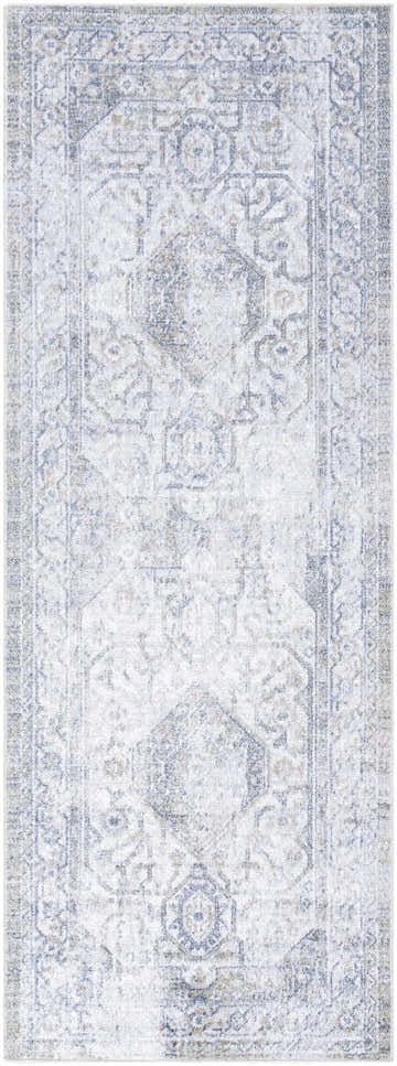 Close-up of the Annlea Washable Area Rug. Farmhouse style rug with traditional blue, sage, and white pattern. Design-Runner-2773