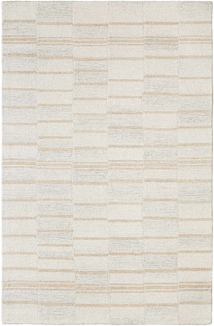 Close-up of the Paiva Modern Wool Rug. Cream, tan, and taupe stripes and blocks create a textured, farmhouse design. Design-Rectangle-576