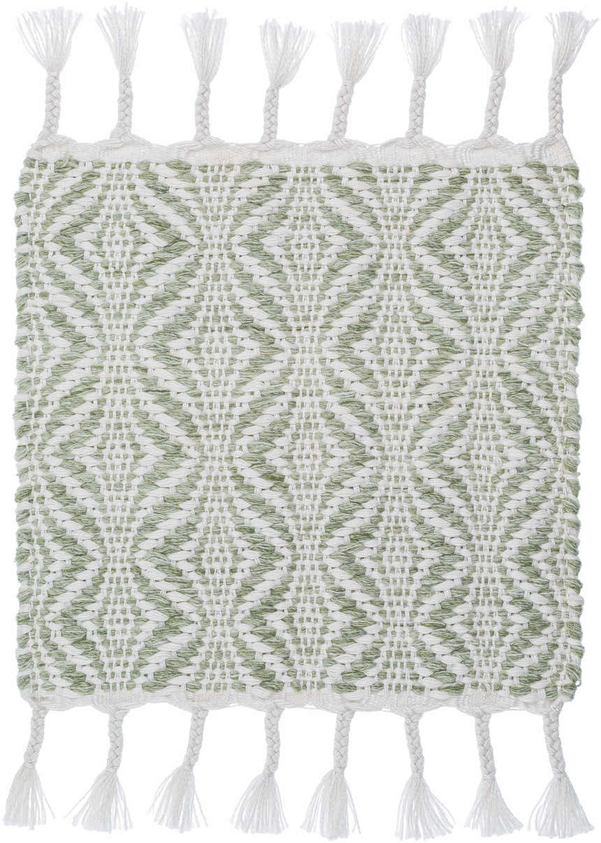 Close-up of the Anelia Sage Area Rug, a hand-woven rug with a green and ivory diamond pattern and white tassels. Swatch