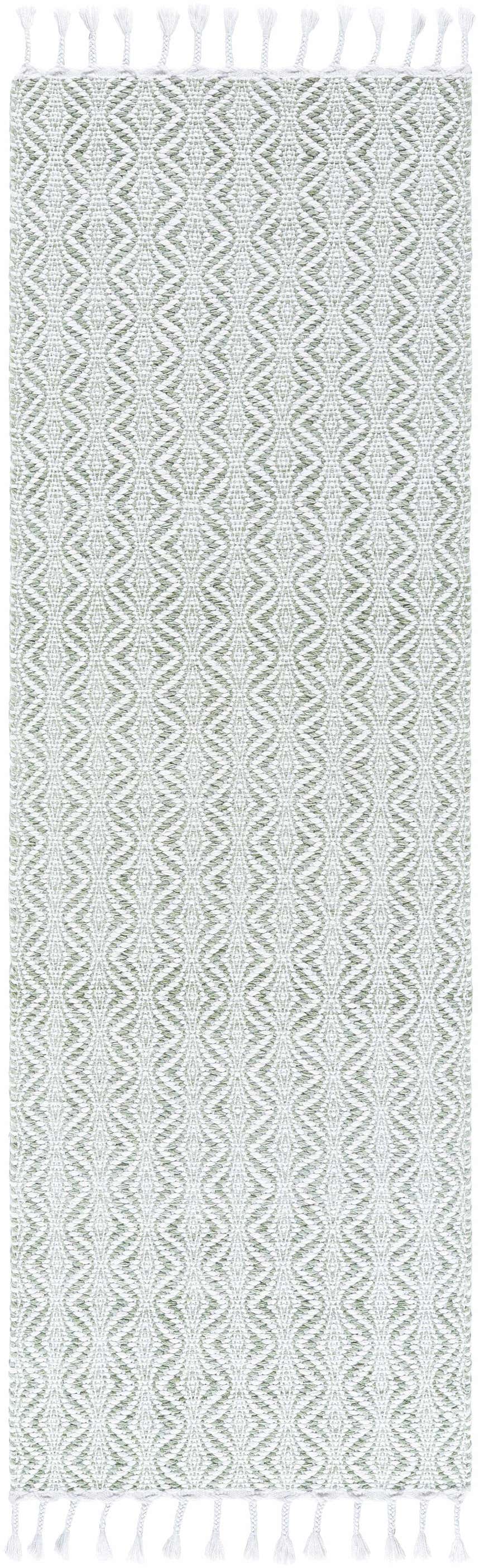 Close-up of the Anelia Sage Area Rug. Hand woven recycled PET yarn rug in green and ivory with a diamond pattern and white tassels. Design-Runner-268