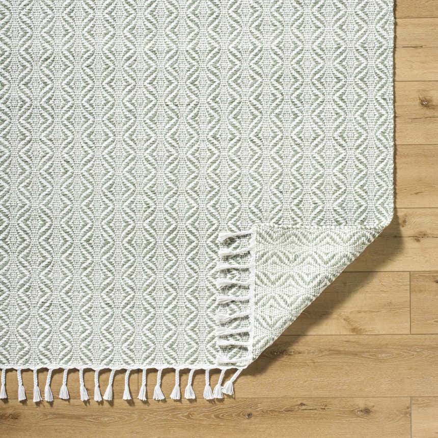 Close-up of the Anelia Sage Area Rug showing its green and ivory diamond pattern and braided fringe detail. Fold