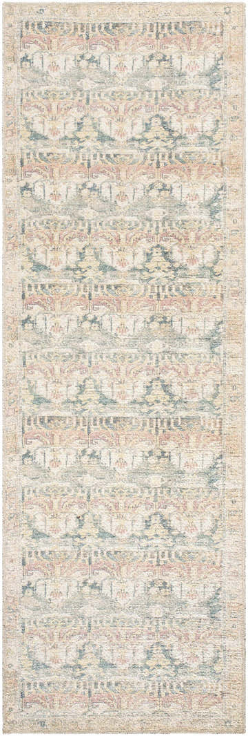 Close-up of the Arushi Washable Area Rug, a cream rug with traditional rust, orange, and green geometric patterns. Design-Runner-27710