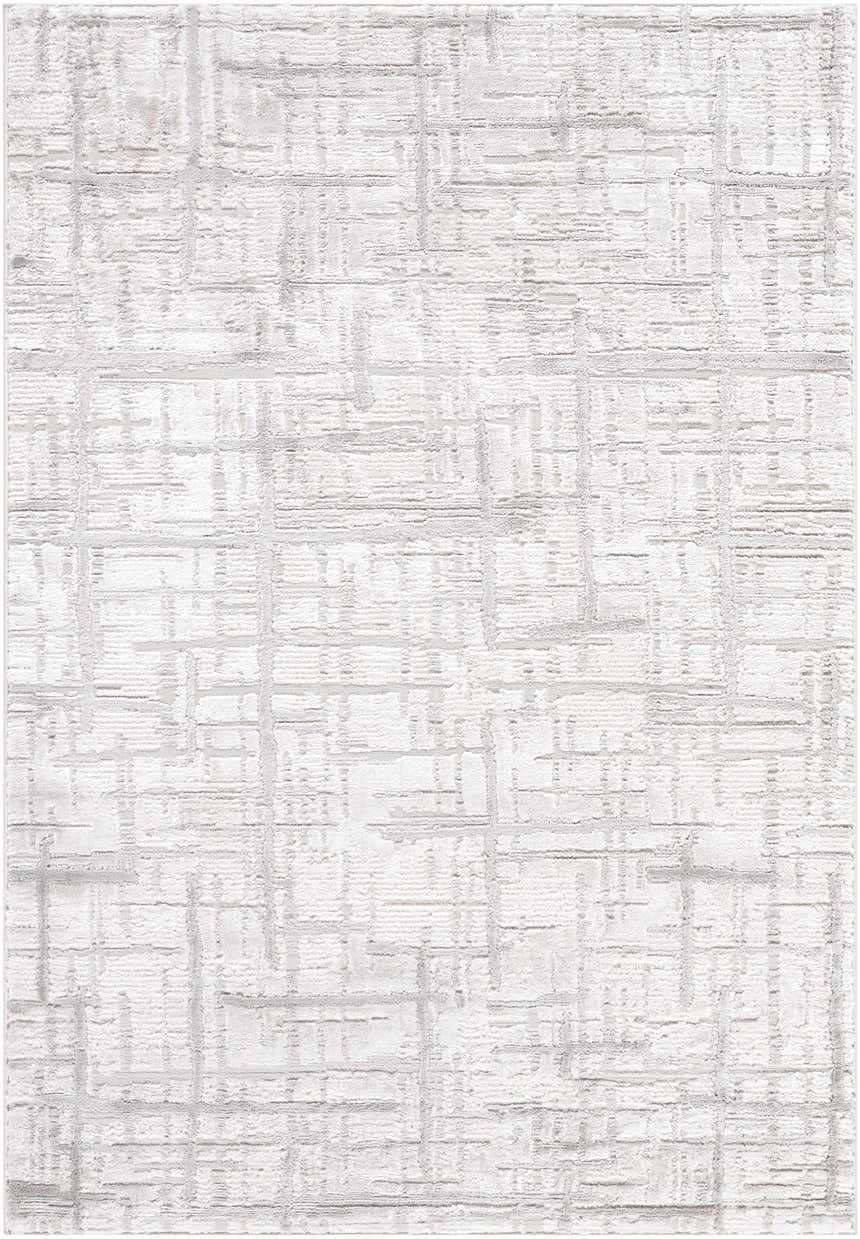 Close-up of the Antony Area Rug. Cream and light gray contemporary design with a subtle geometric pattern. Design-Rectangle-537