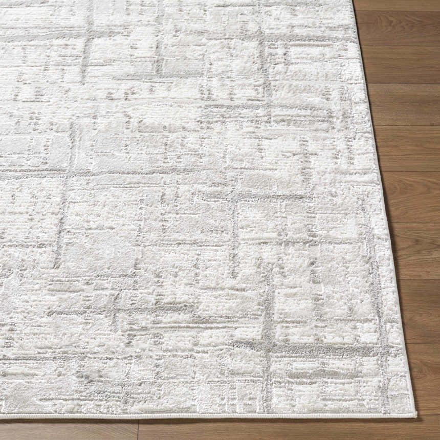 Close up of the Antony Area Rug. Cream and light gray contemporary design. Front