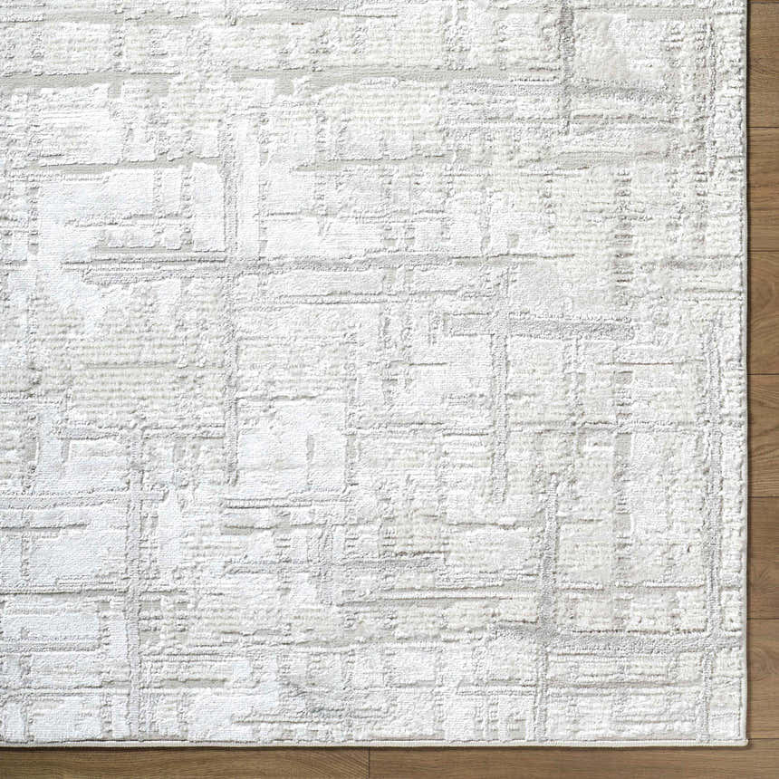 Close-up of the Antony Area Rug featuring a cream and light gray contemporary block pattern. Corner