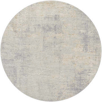 Round Razi Avant Garde rug close-up. Abstract design in dusty sage, charcoal, brown, and gray. Luxe polyester texture. Design-Round-67