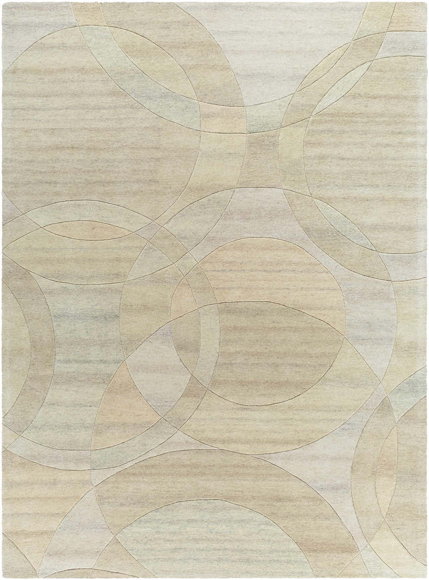 Rollo Area Rug, a contemporary hand-tufted wool rug in ash, pearl, and tan with a geometric circle pattern. Design-Rectangle-811