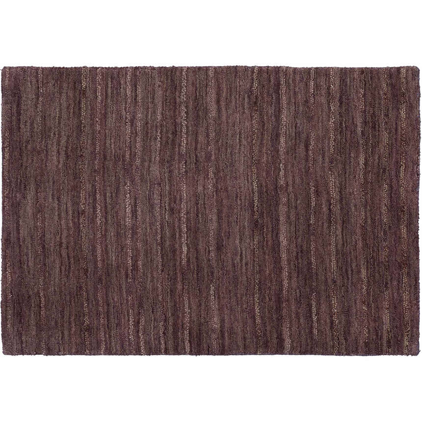 Close-up of the Dalyn Rafia RF100 Plum Area Rug. Dark purple wool rug with subtle vertical stripes and a textured, hand-loomed feel.
